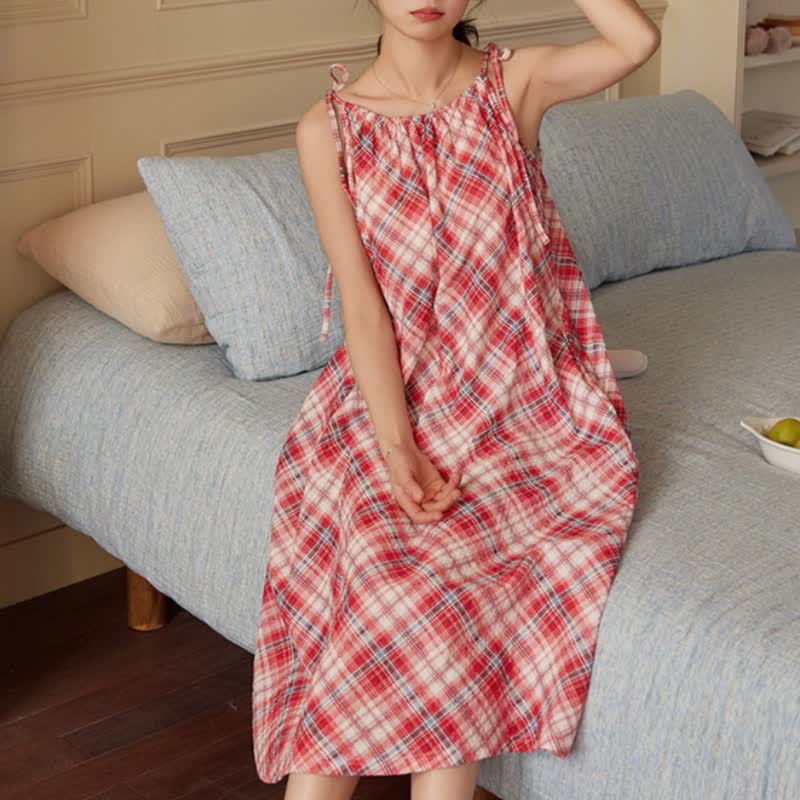 Red Plaid Tie Straps Nightgown