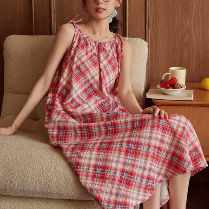 Red Plaid Tie Straps Nightgown