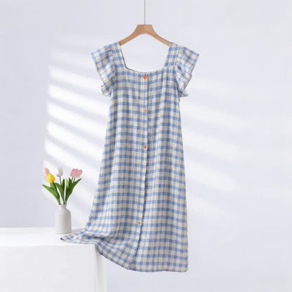 Blue Gingham Sleeveless Lounge Dress