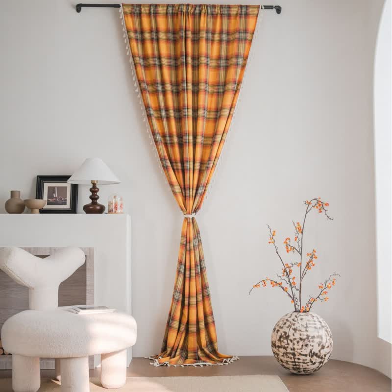 Farmhouse Style Orange Plaid Tassel Curtain