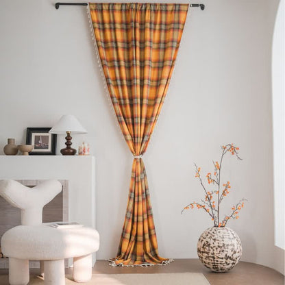 Farmhouse Style Orange Plaid Tassel Curtain