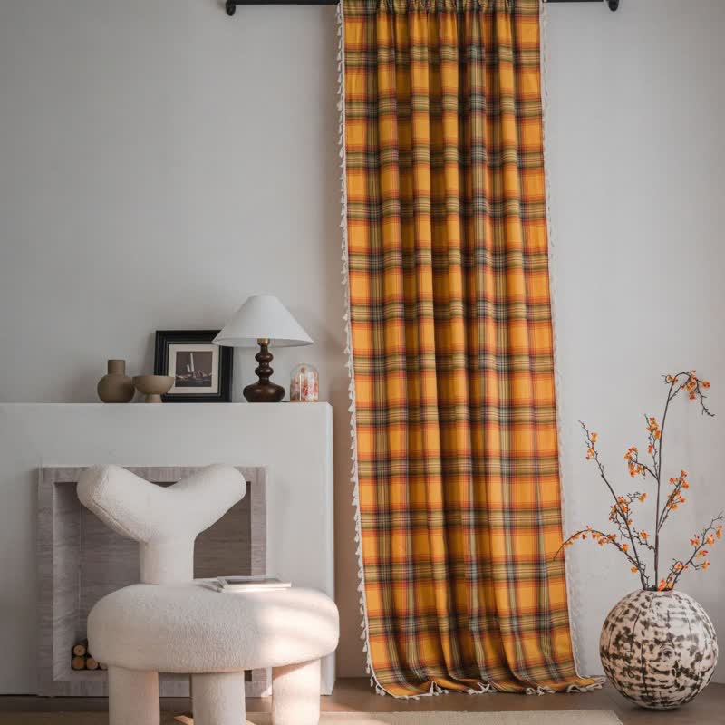 Farmhouse Style Orange Plaid Tassel Curtain