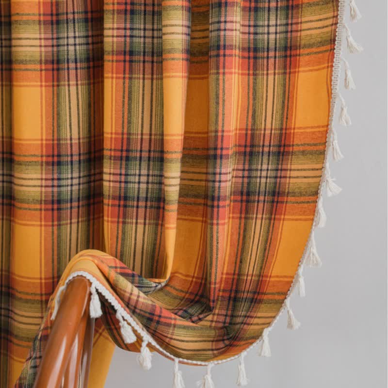 Farmhouse Style Orange Plaid Tassel Curtain