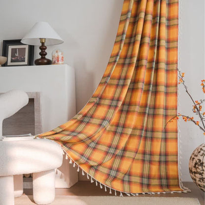 Farmhouse Style Orange Plaid Tassel Curtain