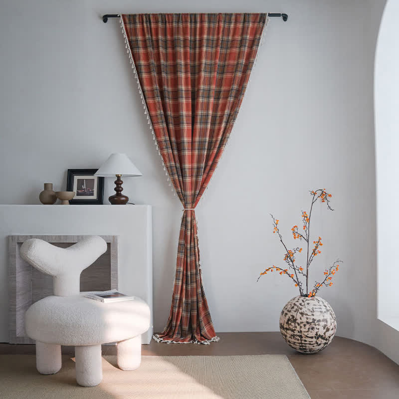 Farmhouse Style Rust Red Plaid Tassel Curtain