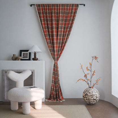 Farmhouse Style Rust Red Plaid Tassel Curtain