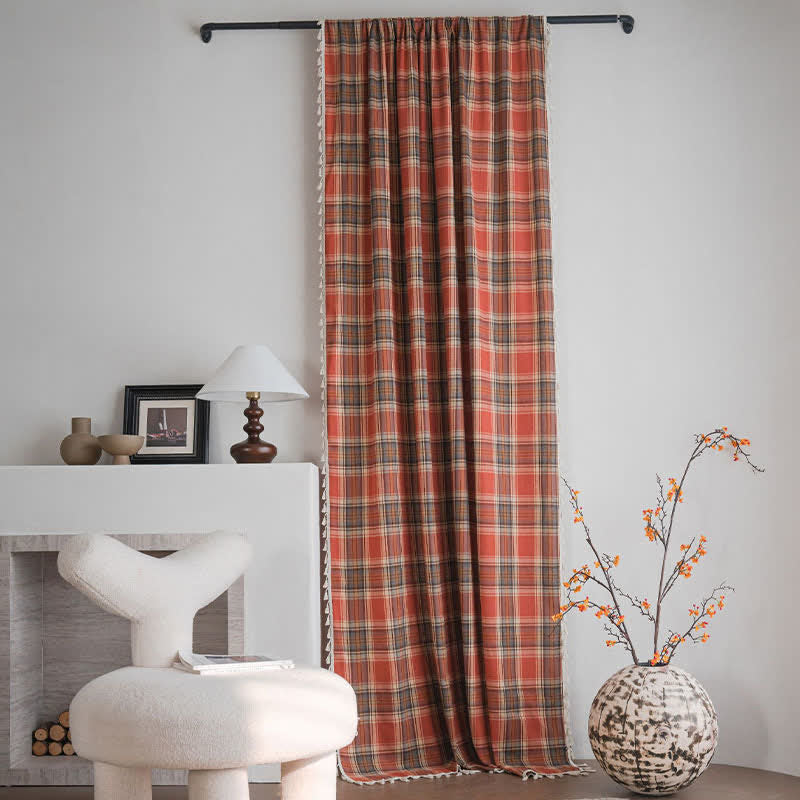 Farmhouse Style Rust Red Plaid Tassel Curtain
