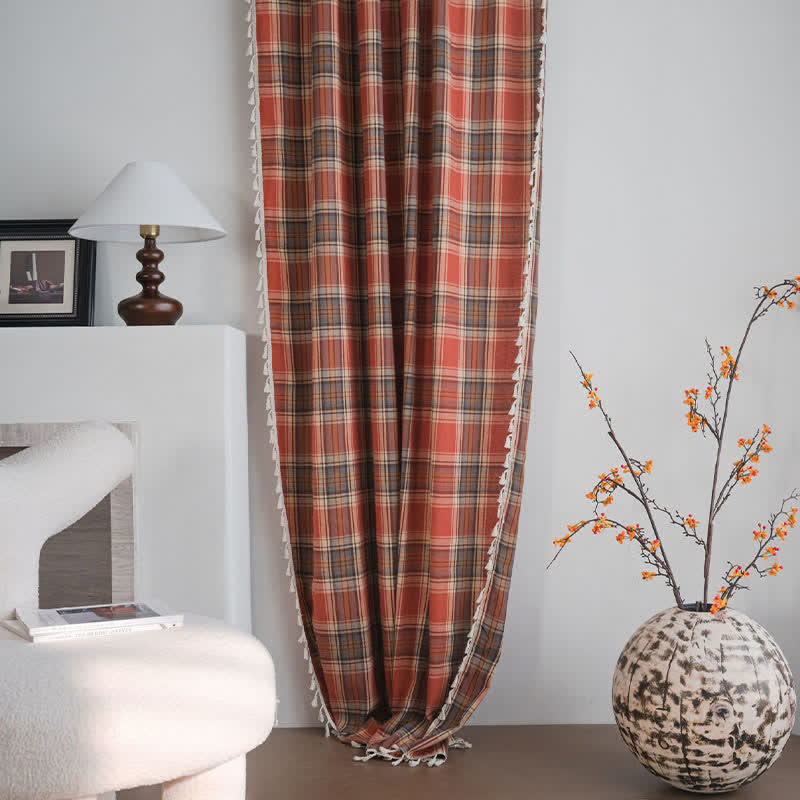Farmhouse Style Rust Red Plaid Tassel Curtain