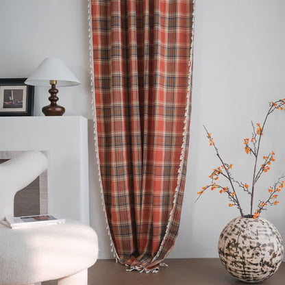 Farmhouse Style Rust Red Plaid Tassel Curtain