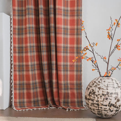 Farmhouse Style Rust Red Plaid Tassel Curtain
