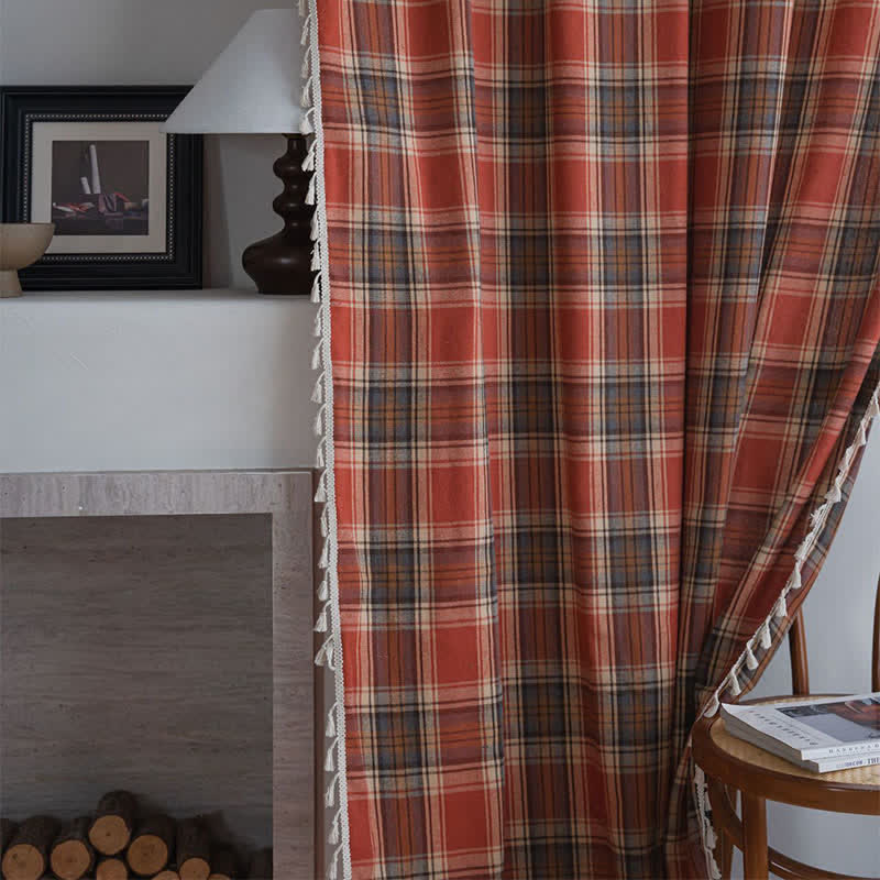 Farmhouse Style Rust Red Plaid Tassel Curtain