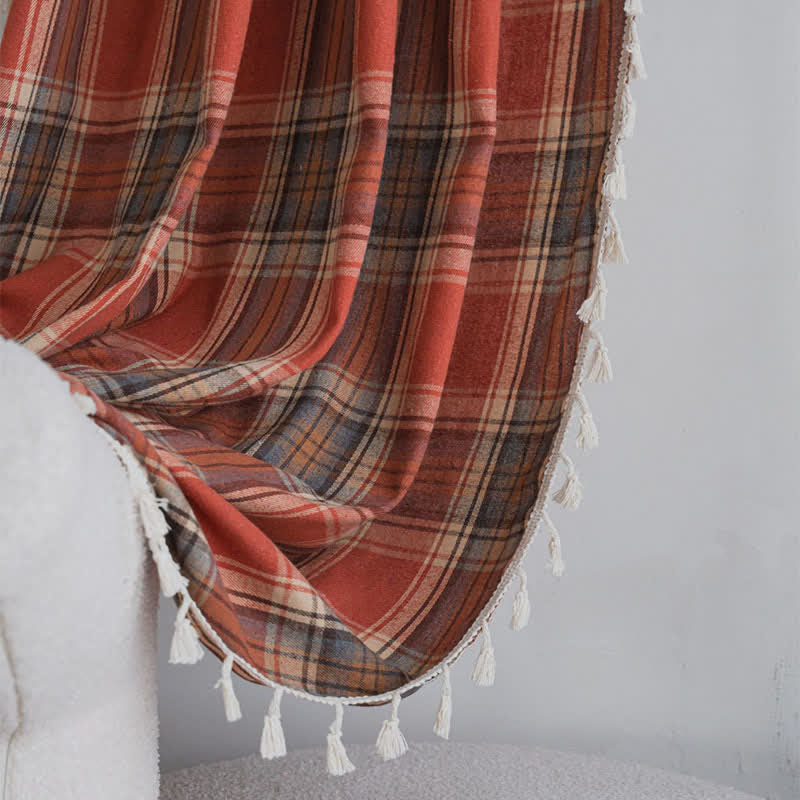 Farmhouse Style Rust Red Plaid Tassel Curtain