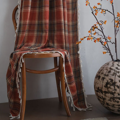 Farmhouse Style Rust Red Plaid Tassel Curtain