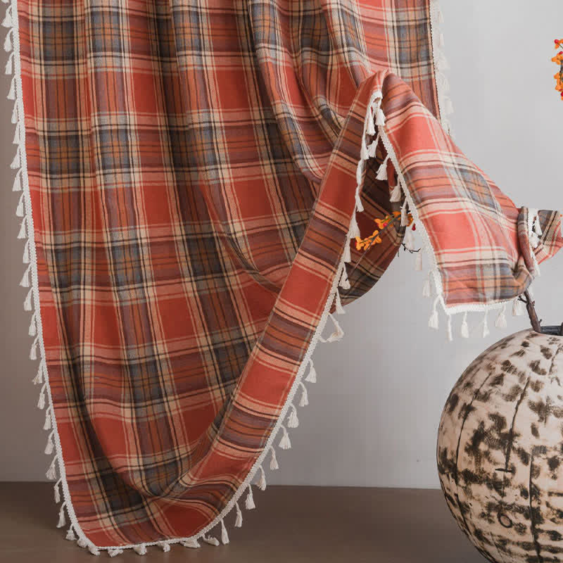 Farmhouse Style Rust Red Plaid Tassel Curtain