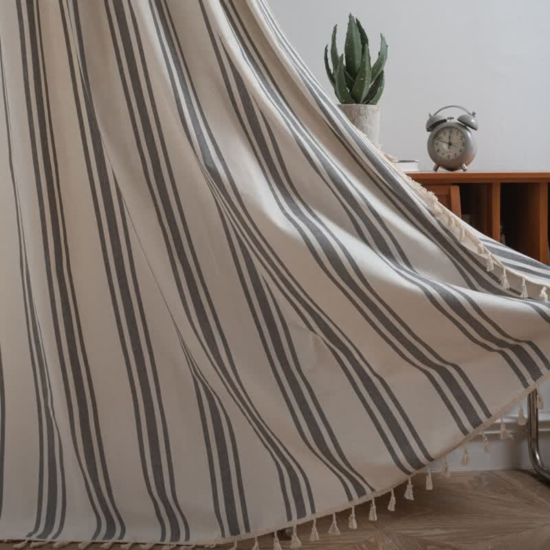 Gray & White Stripe Tassel Curtain