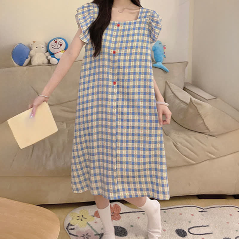 Blue Gingham Sleeveless Lounge Dress