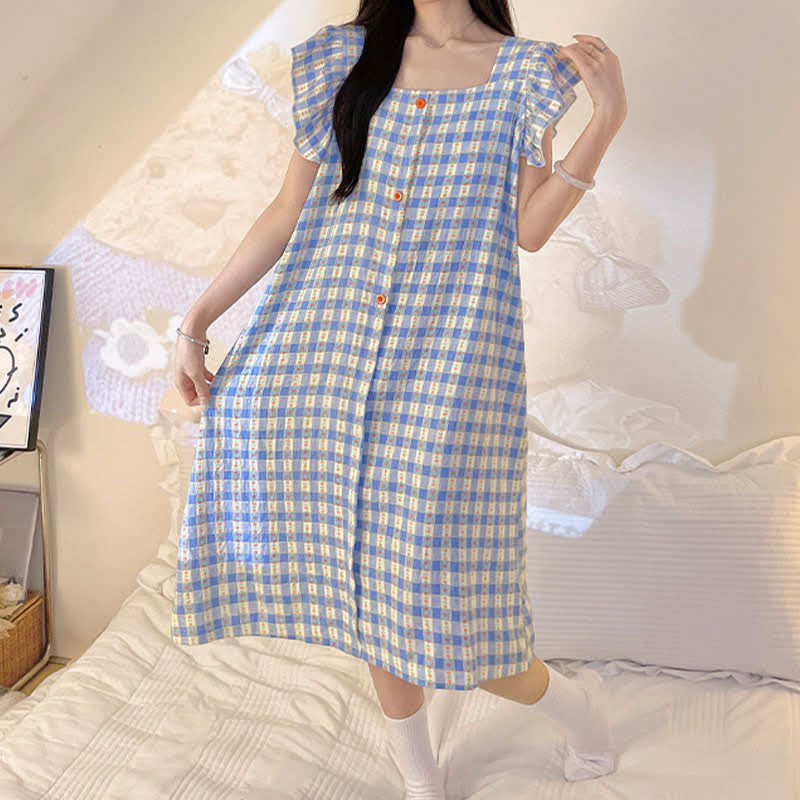 Blue Gingham Sleeveless Lounge Dress
