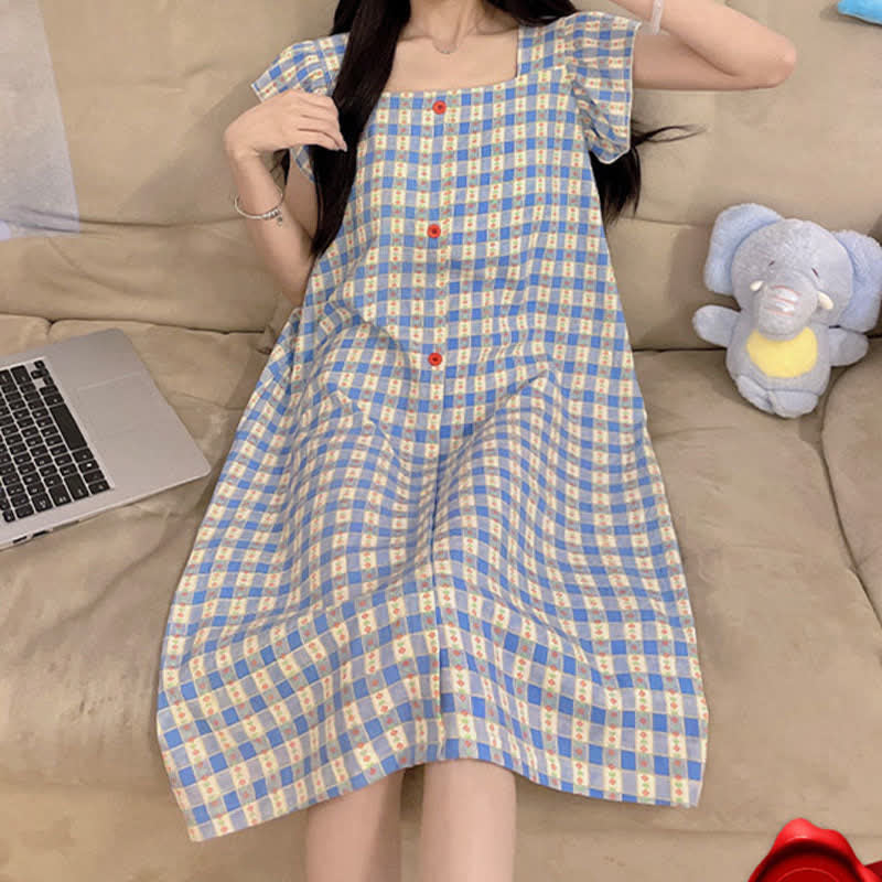 Blue Gingham Sleeveless Lounge Dress