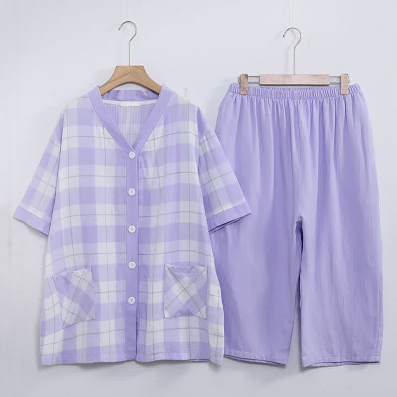 Plaid Cotton Gauze Button-Front Pajama Set