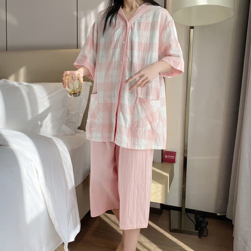 Plaid Cotton Gauze Button-Front Pajama Set
