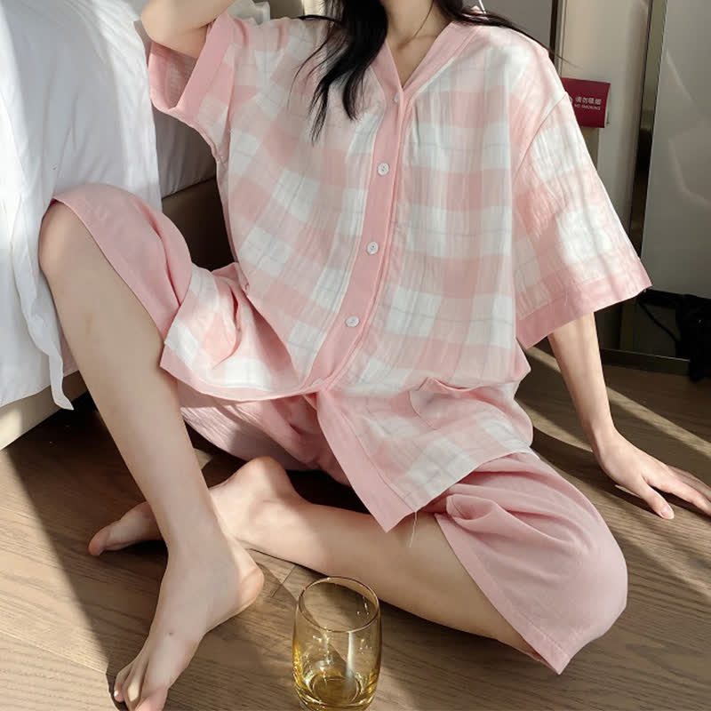 Plaid Cotton Gauze Button-Front Pajama Set