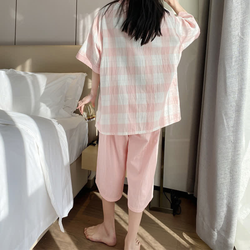 Plaid Cotton Gauze Button-Front Pajama Set