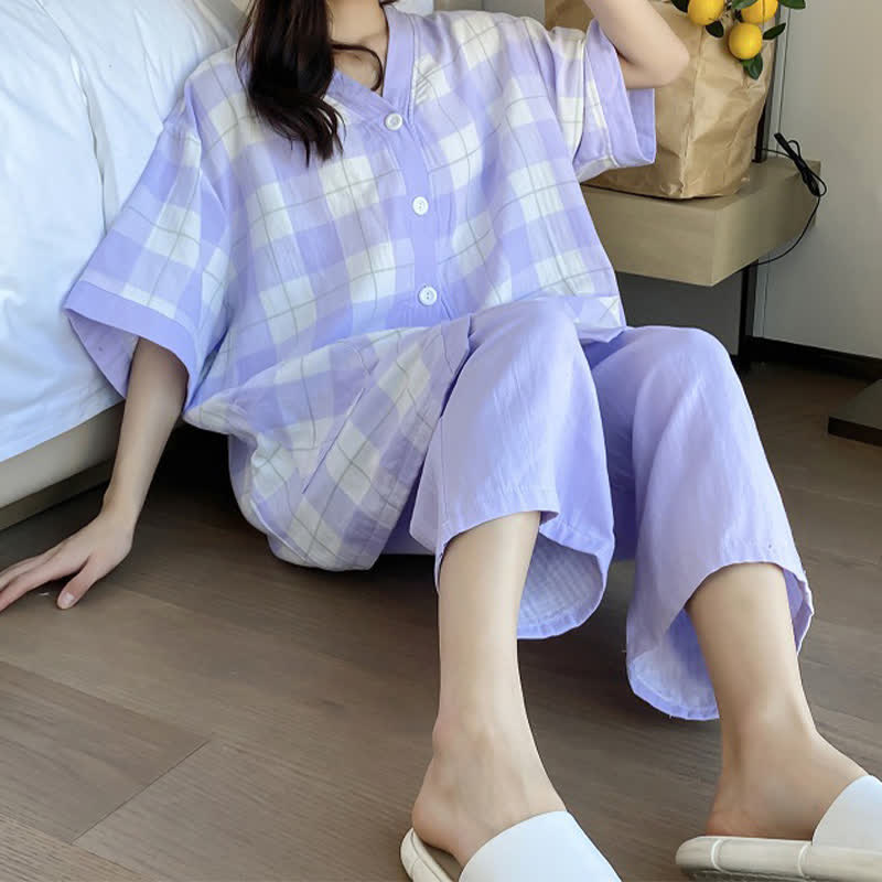 Plaid Cotton Gauze Button-Front Pajama Set