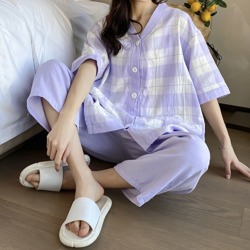 Plaid Cotton Gauze Button-Front Pajama Set