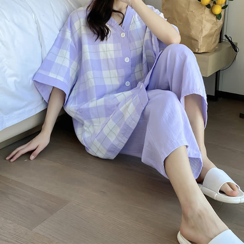Plaid Cotton Gauze Button-Front Pajama Set