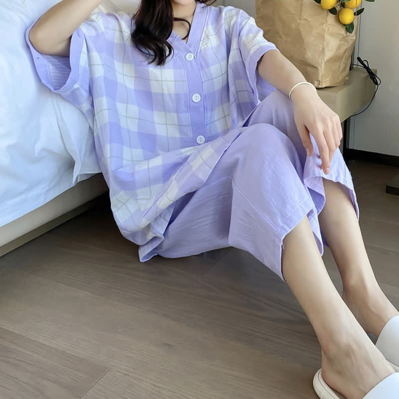 Plaid Cotton Gauze Button-Front Pajama Set