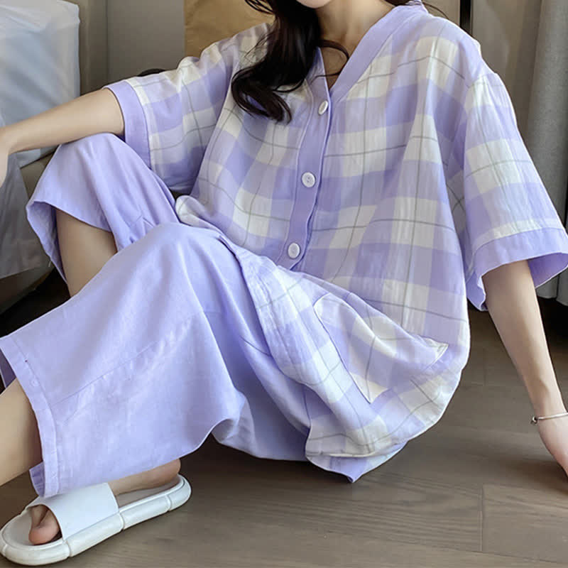 Plaid Cotton Gauze Button-Front Pajama Set