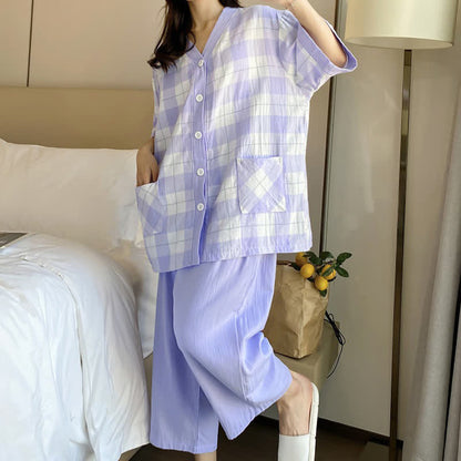 Plaid Cotton Gauze Button-Front Pajama Set