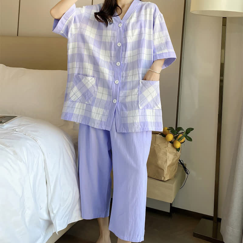 Plaid Cotton Gauze Button-Front Pajama Set