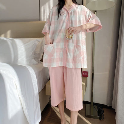 Plaid Cotton Gauze Button-Front Pajama Set