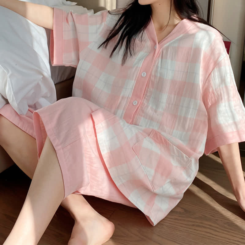 Plaid Cotton Gauze Button-Front Pajama Set