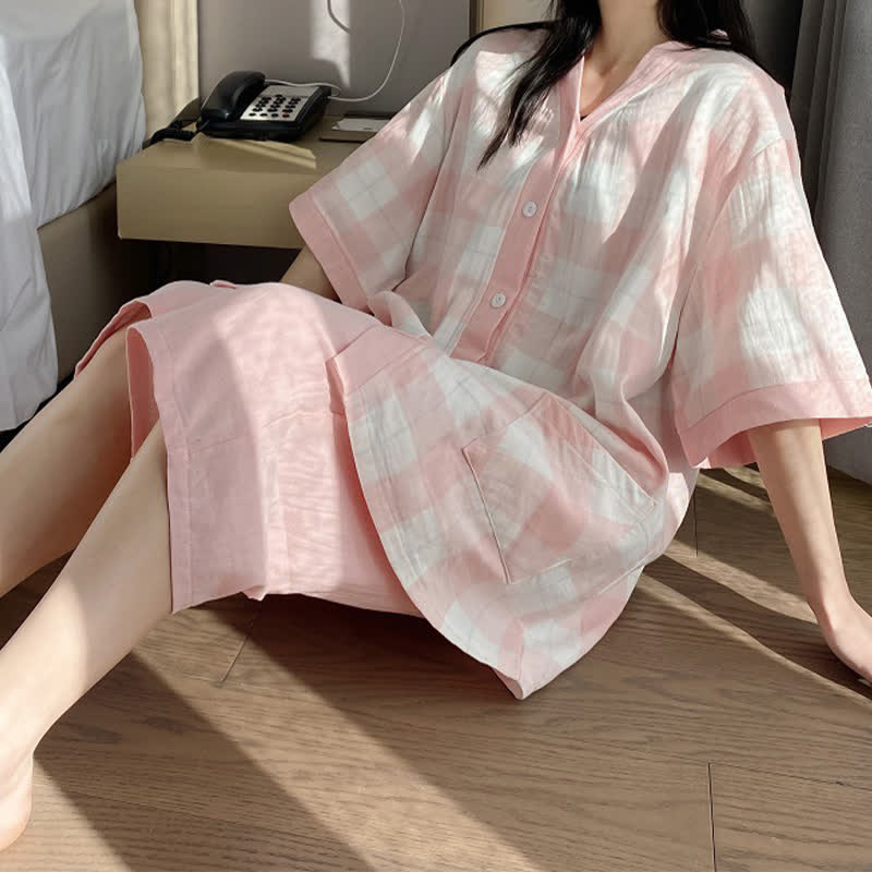Plaid Cotton Gauze Button-Front Pajama Set