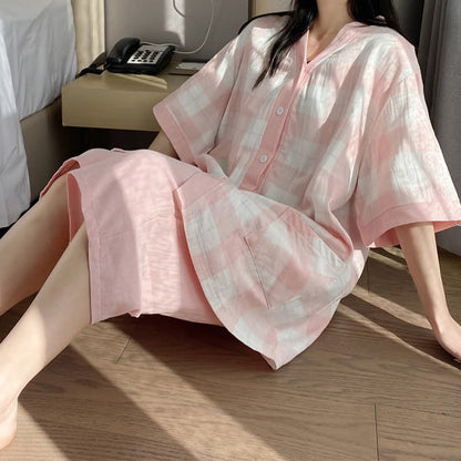 Plaid Cotton Gauze Button-Front Pajama Set