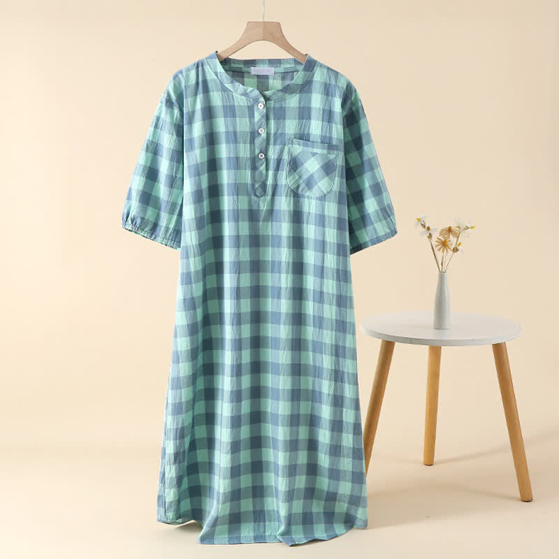 Plaid Cotton Gauze Nightgown with 3-Button