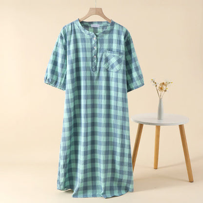 Plaid Cotton Gauze Nightgown with 3-Button