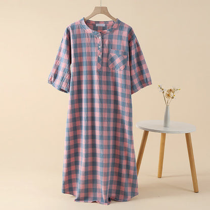 Plaid Cotton Gauze Nightgown with 3-Button