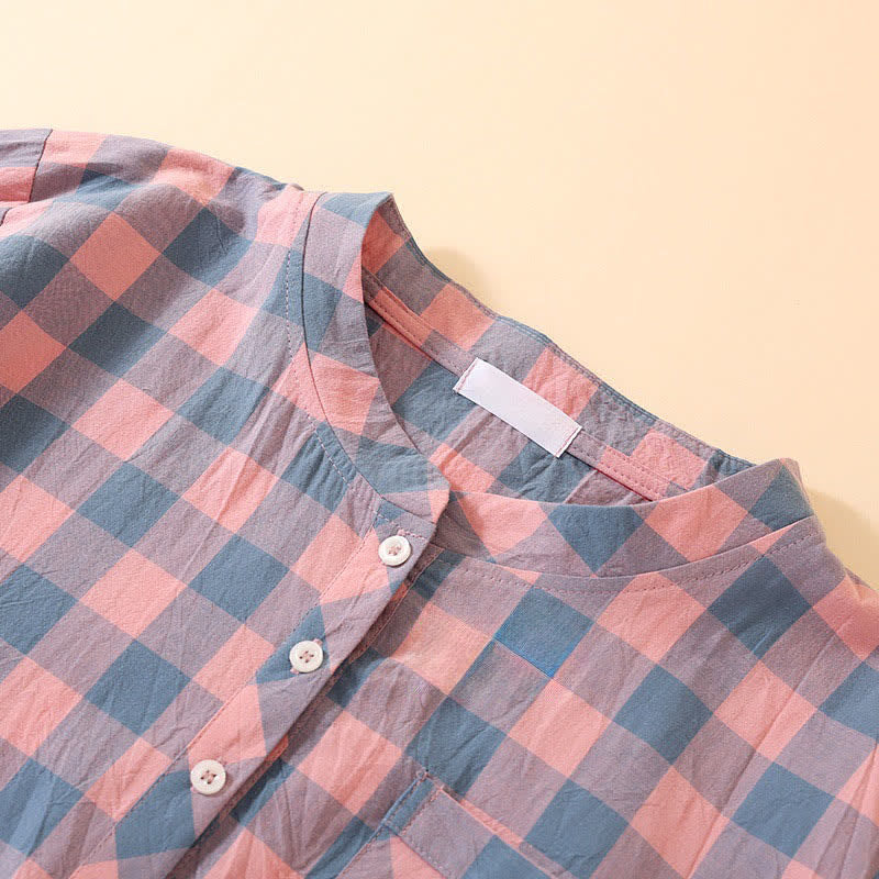 Plaid Cotton Gauze Nightgown with 3-Button