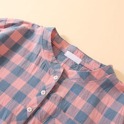Plaid Cotton Gauze Nightgown with 3-Button