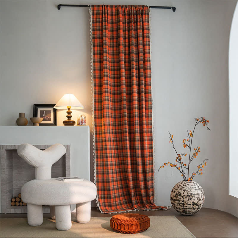 Bright Orange Plaid Tassel Curtain