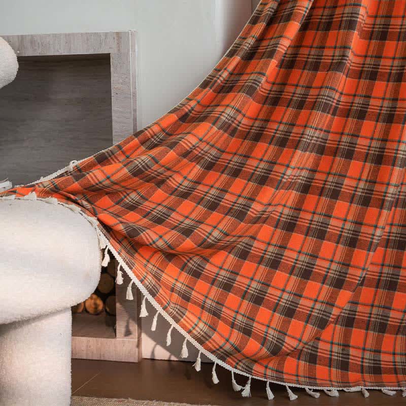 Bright Orange Plaid Tassel Curtain