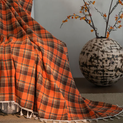 Bright Orange Plaid Tassel Curtain