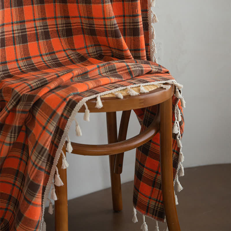 Bright Orange Plaid Tassel Curtain