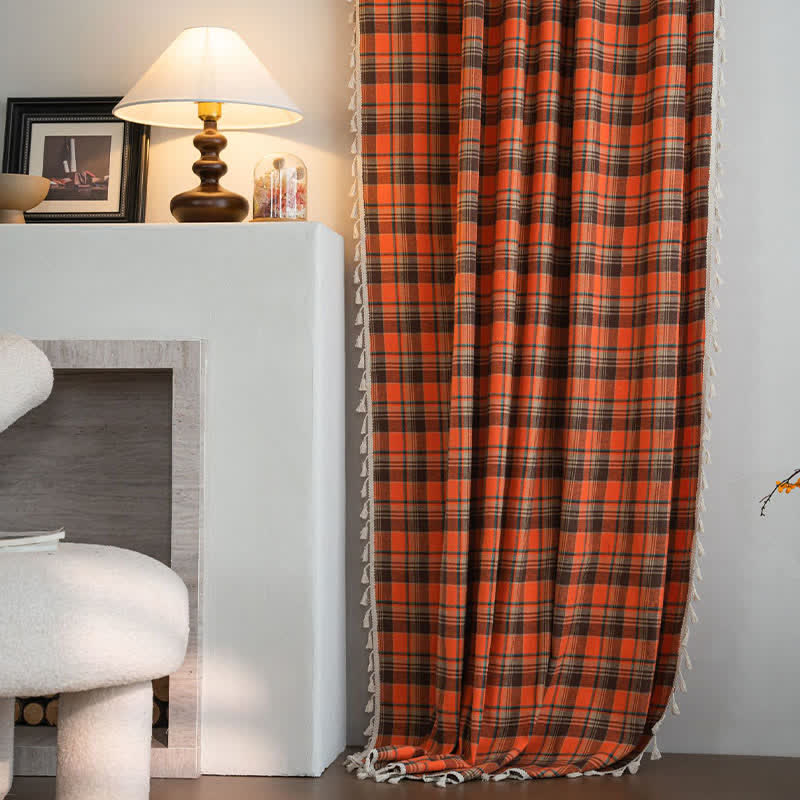 Bright Orange Plaid Tassel Curtain
