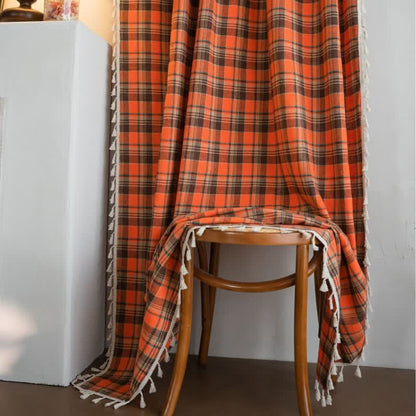 Bright Orange Plaid Tassel Curtain