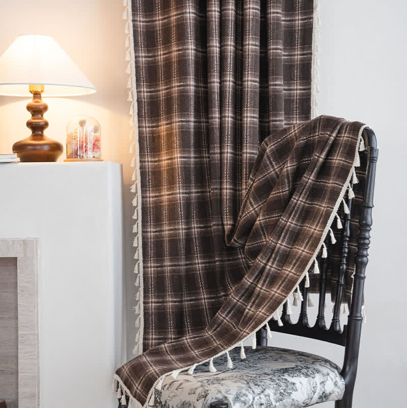 Vintage Style Plaid Tassel Curtain