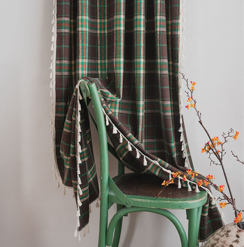 Vintage Style Green Plaid Tassel Curtain